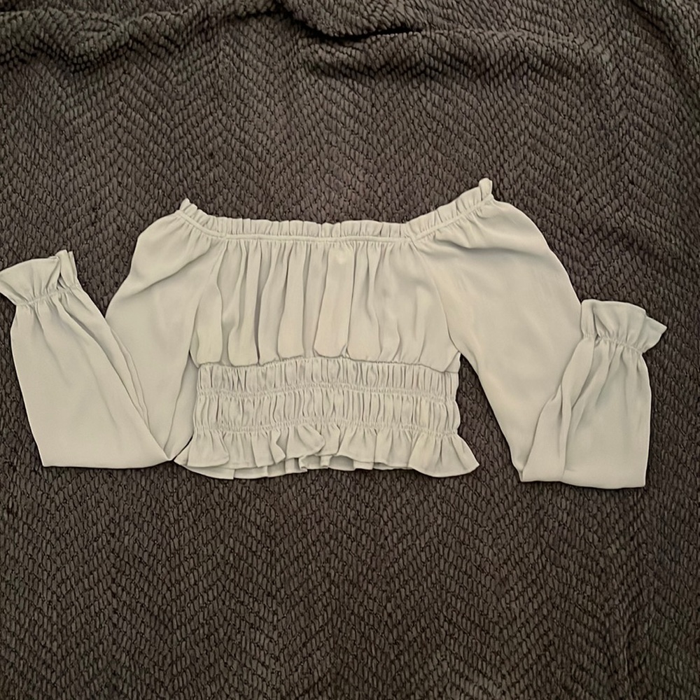 Light blue off the shoulder rouched top